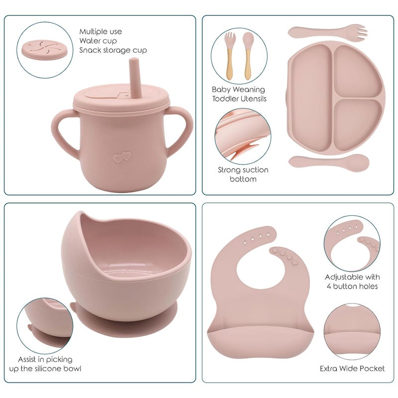Dormlony 100% Silicone Baby Feeding Set,BPA Free Baby Dishes Set with Suction Bowl Divided Plate,Toddler Self Feeding Dish Set with Spoons Forks Sippy Cup and Bib, Baby Eating Utensils (Pink) - Image 3